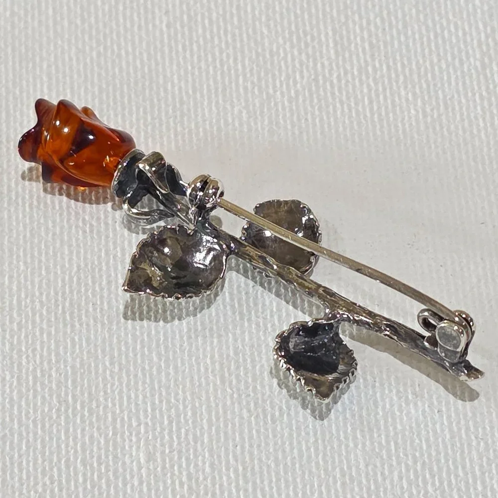 Vintage Carved Baltic Amber Rose Flower High Detail Sterling Silver Pin Brooch